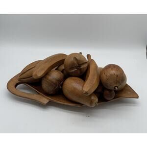 MCM Wooden Carved Fruit And Bowl 11 Piece Hawaiian Aloha Tiki Monkey pod